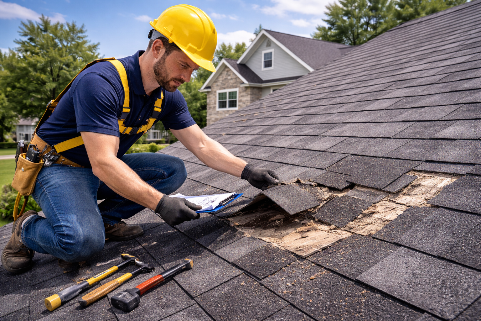Roofing contractor inspecting storm damage in Plano Texas