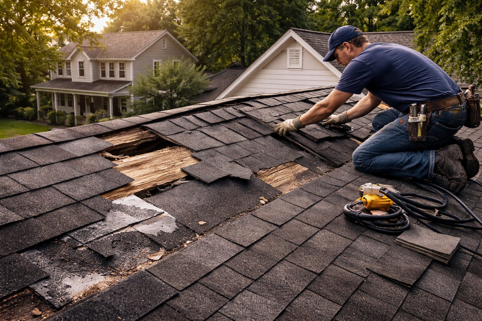 Roofer repairing storm damage at sunset