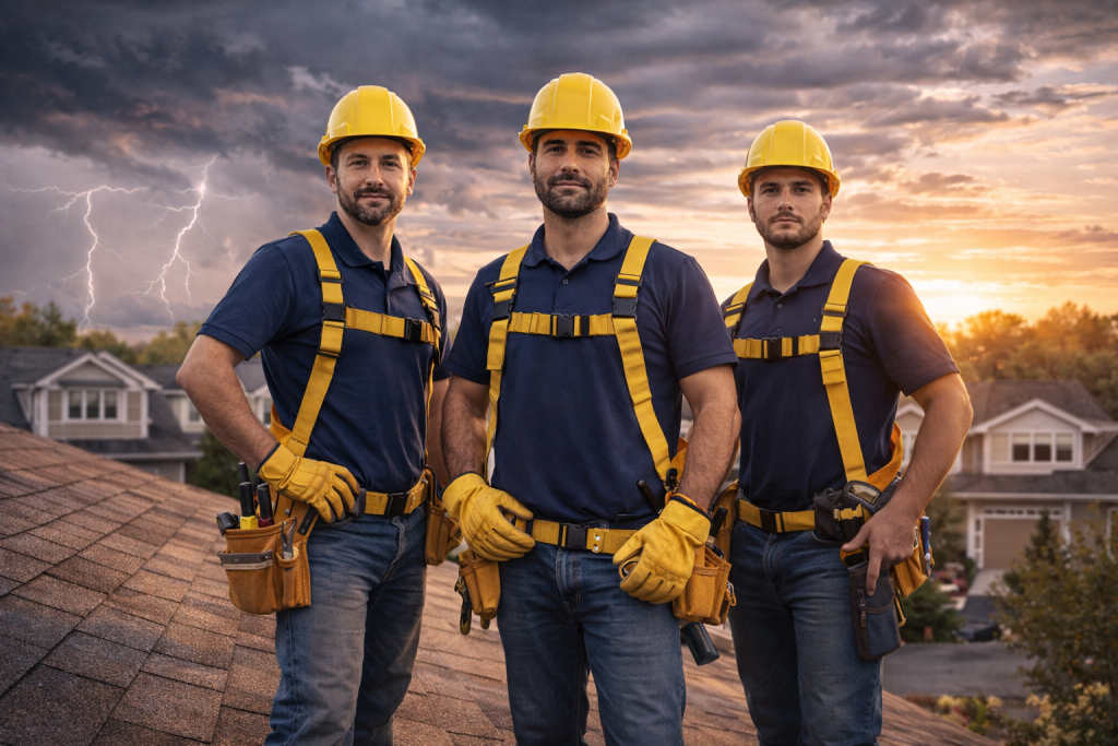  Roofing professionals under a stormy sky